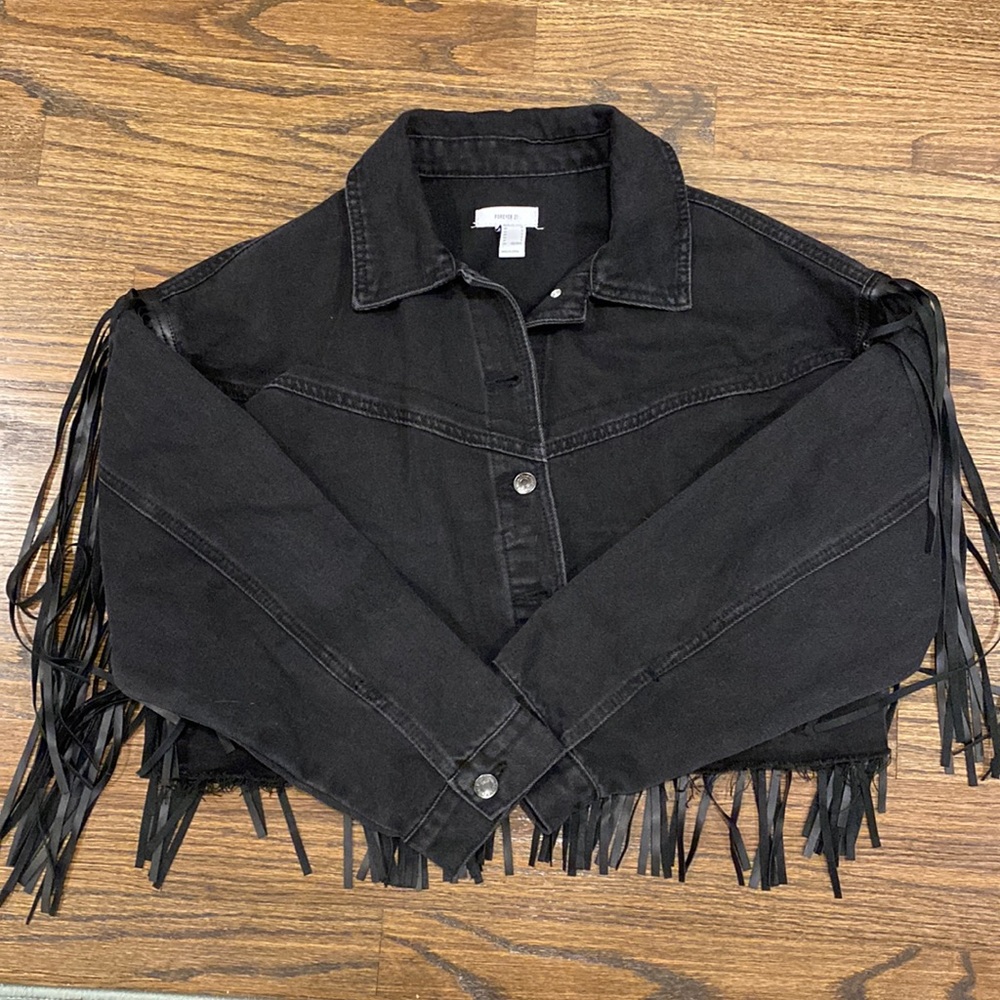 Black cropped fringe jean jacket